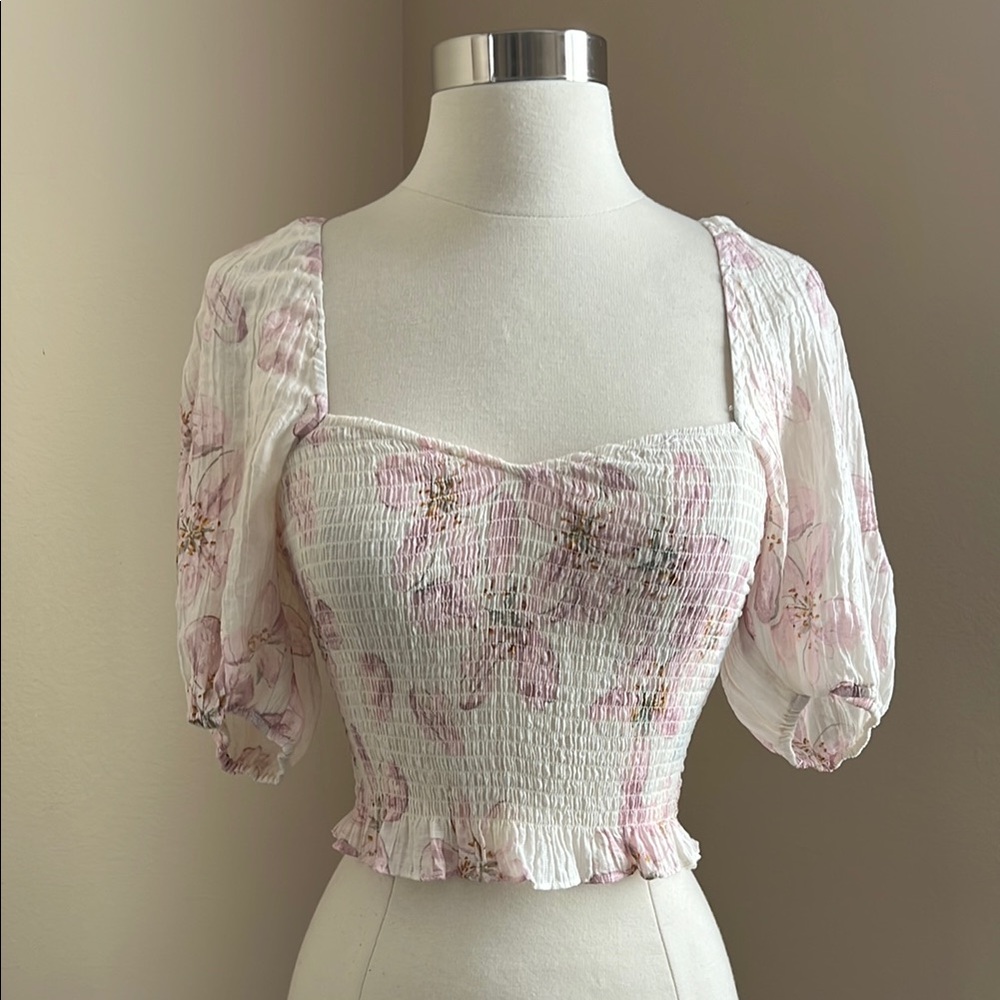 H&M Floral Pink Smocked Blouse